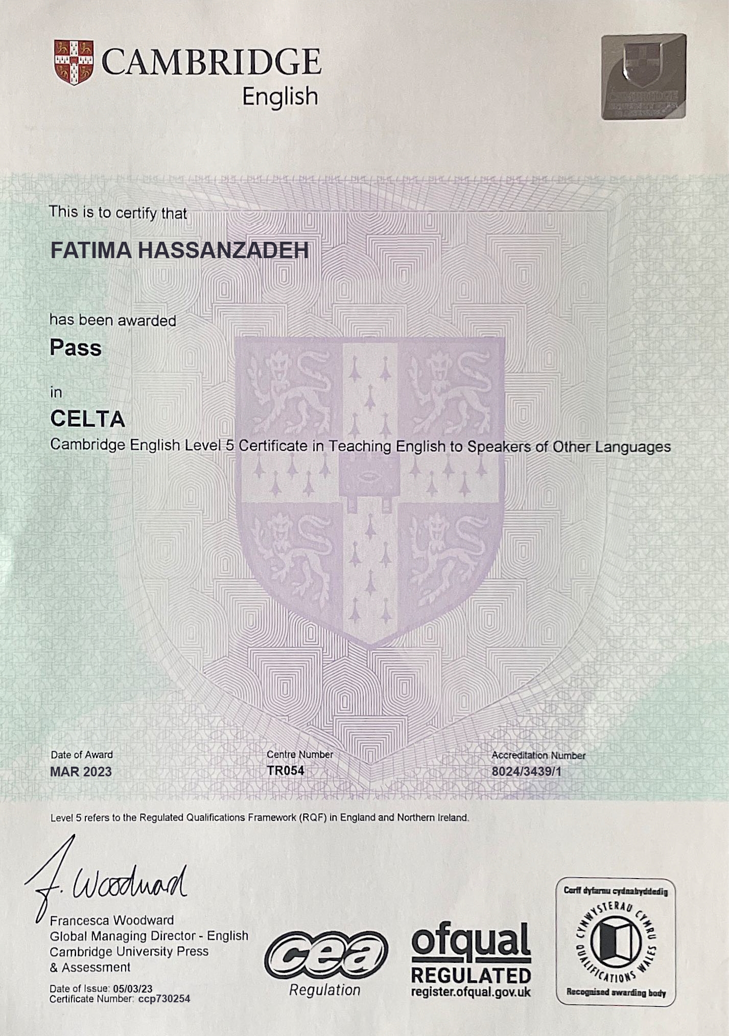 CALTA certificate