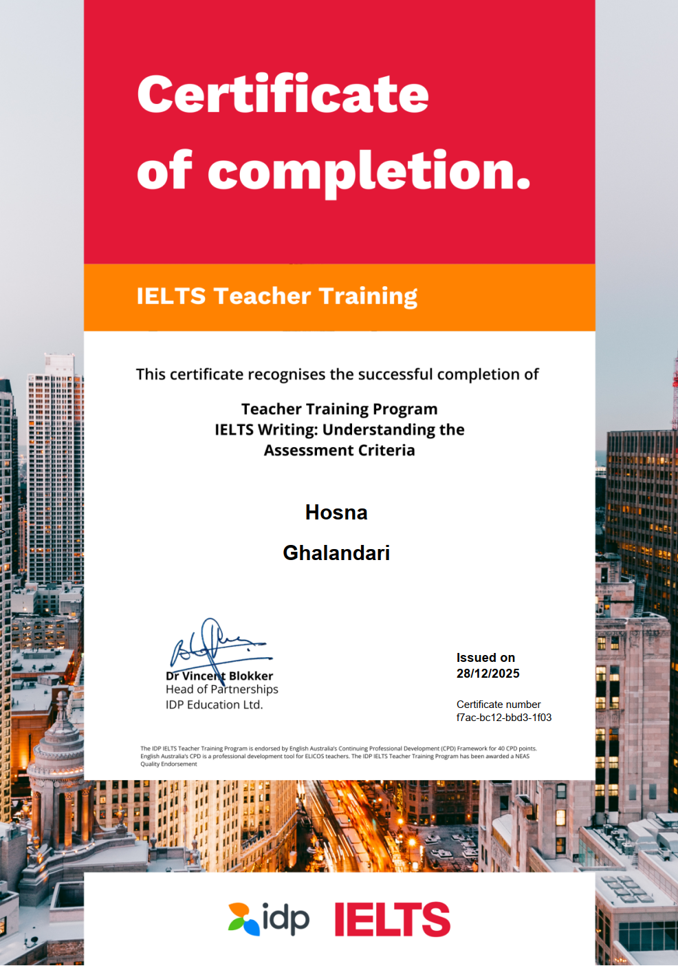 IELTS Writing Teacher Training Program certificate