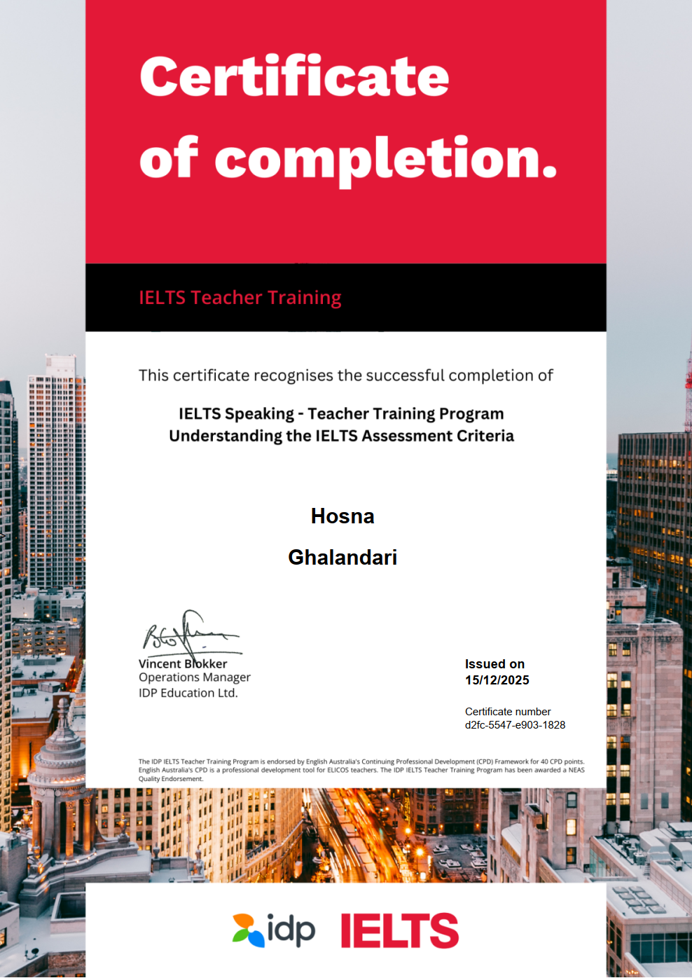 IELTS Speaking Teacher Training Program certificate