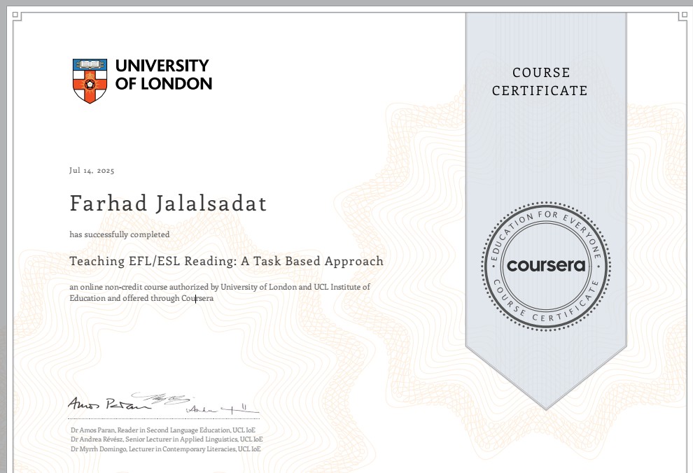 Teaching EFL/ESL Reading: A Task-Based Approach certificate