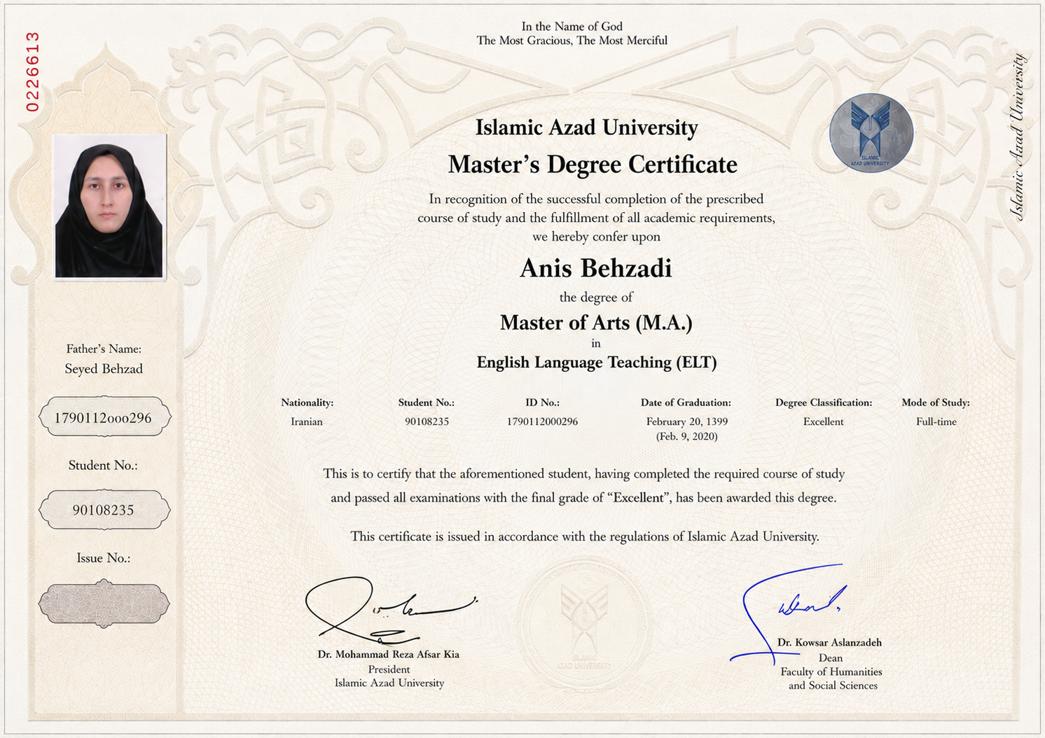 M.A. in TEFL certificate