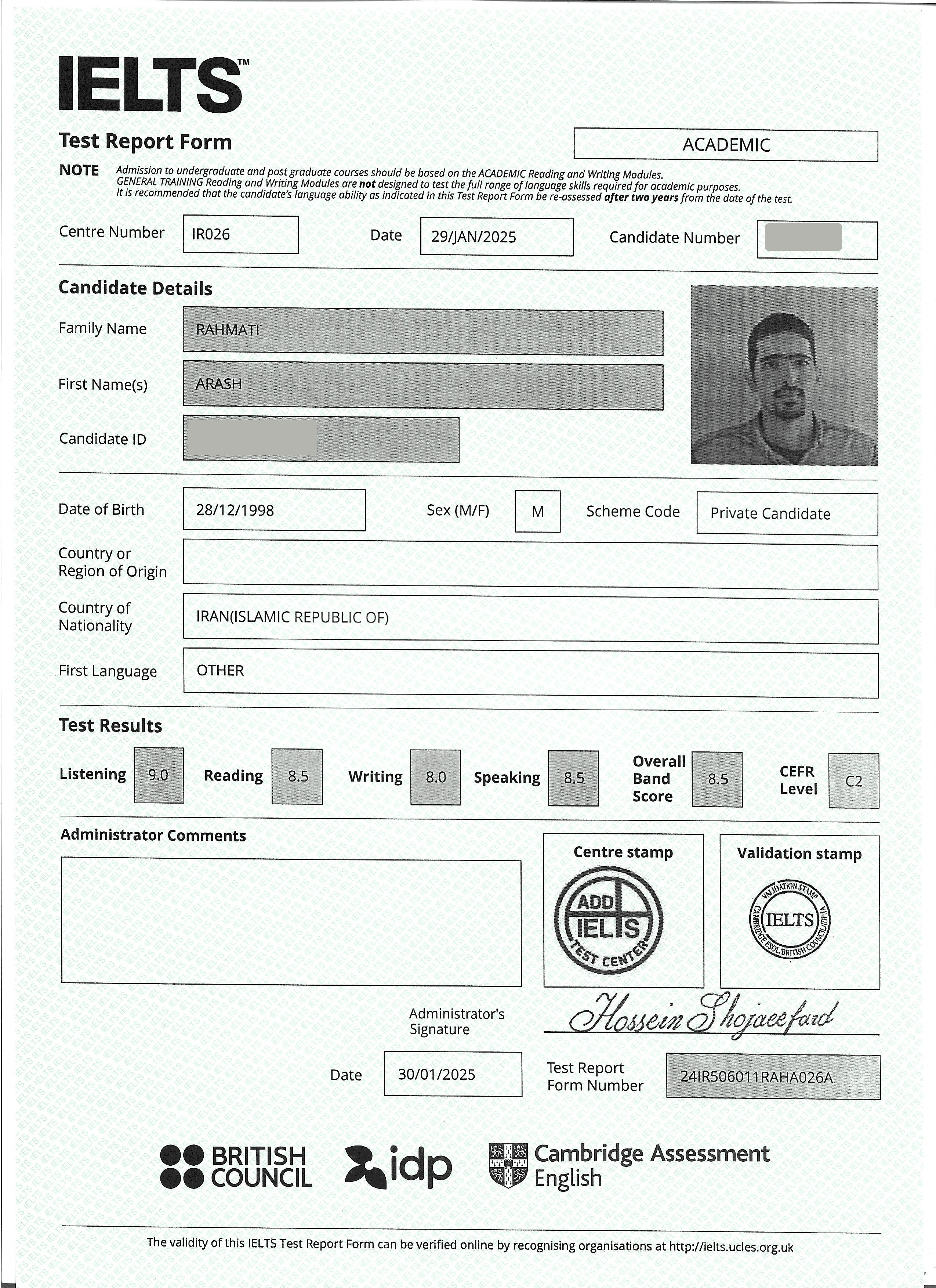 IELTS Academic 8.5 certificate