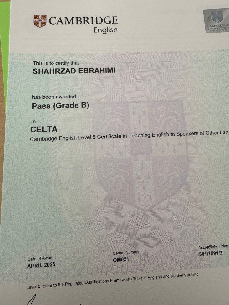 CELTA certificate
