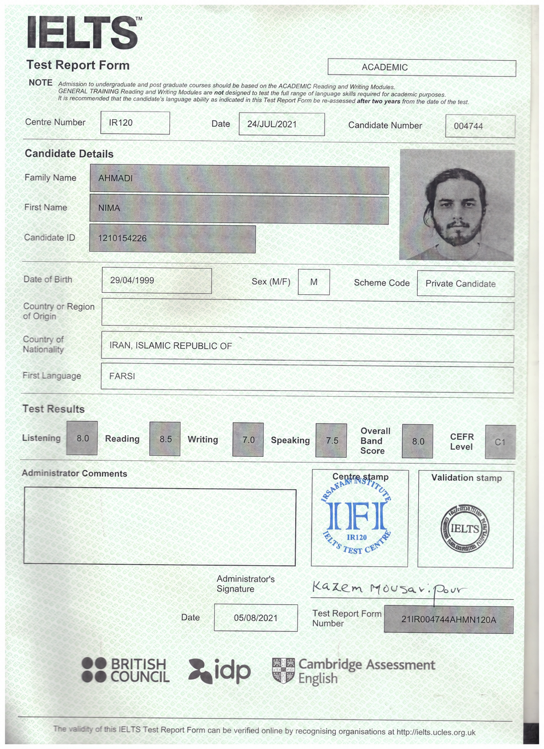 IELTS Academic 8.0 certificate