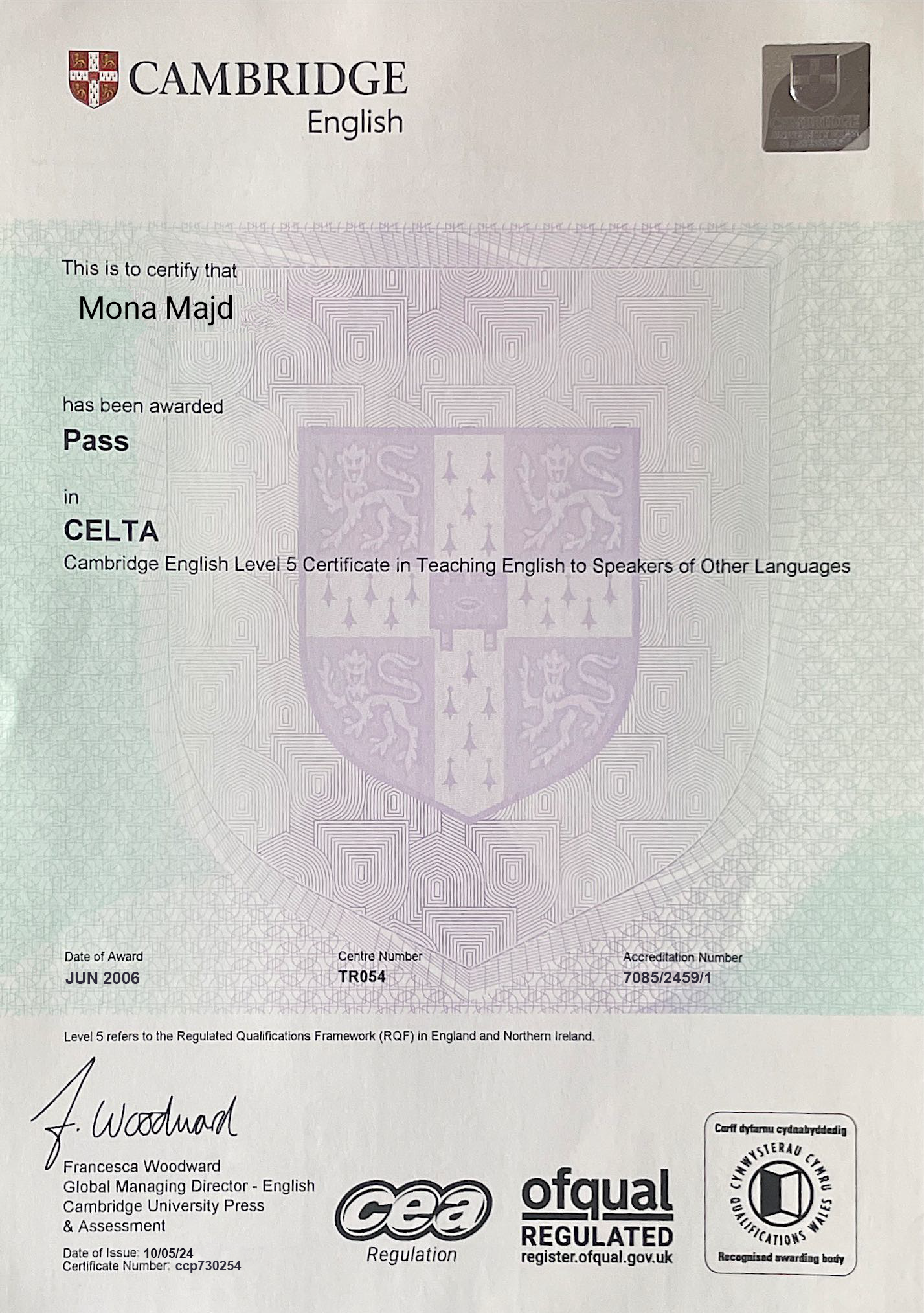 CELTA certificate