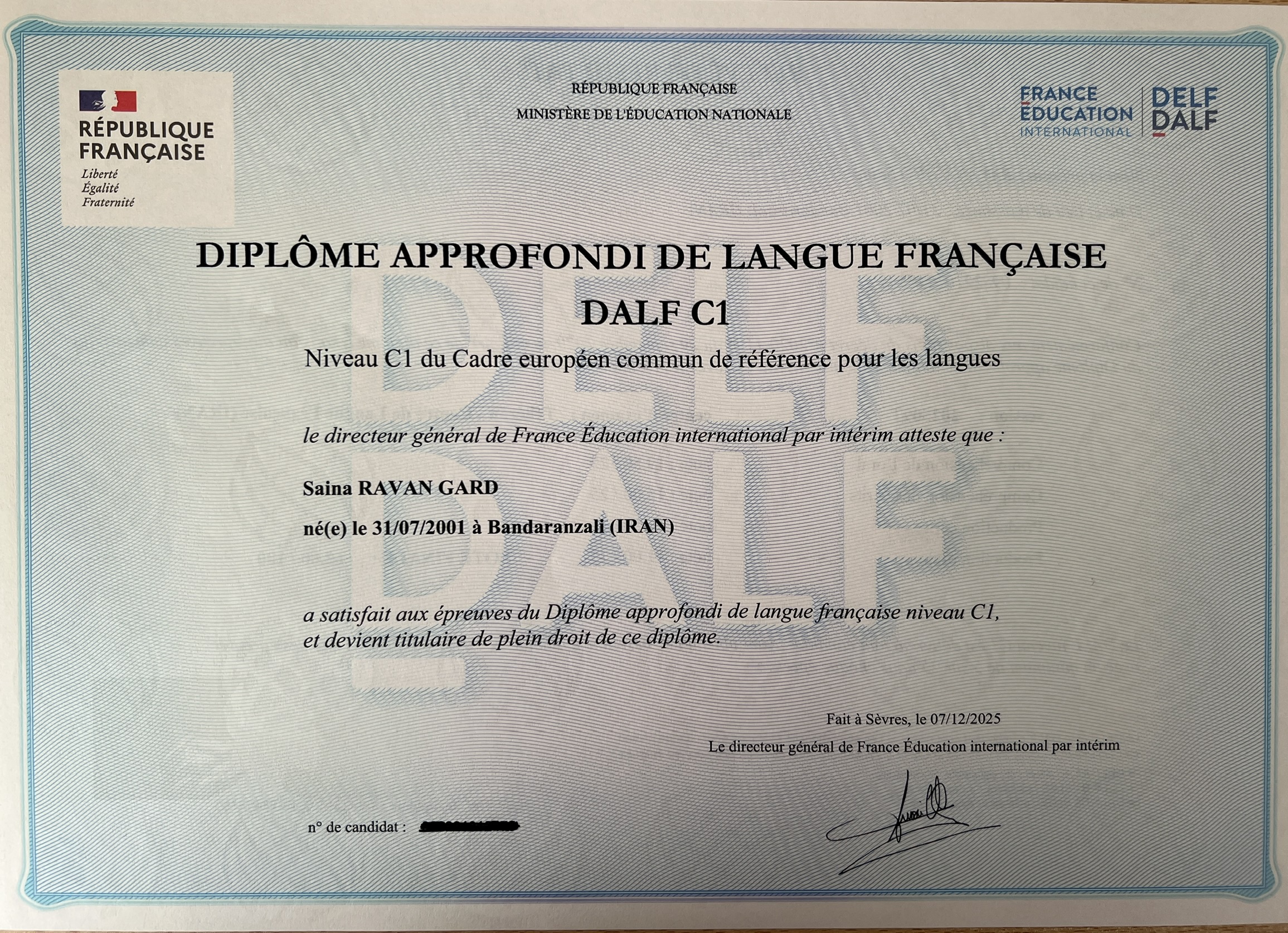 DALF C1 certificate