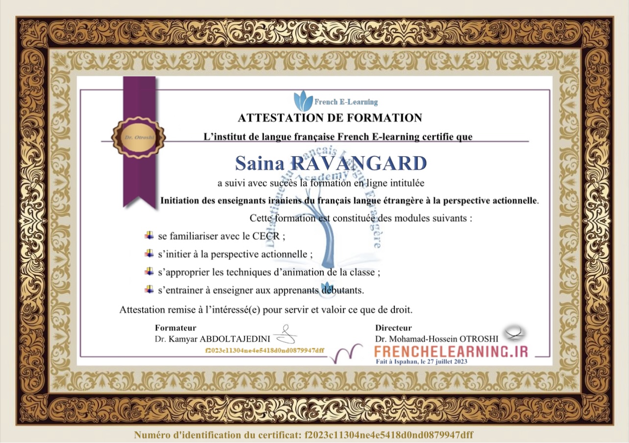 Introduction of Iranian French Language Teachers to the Action- Oriented Approach certificate