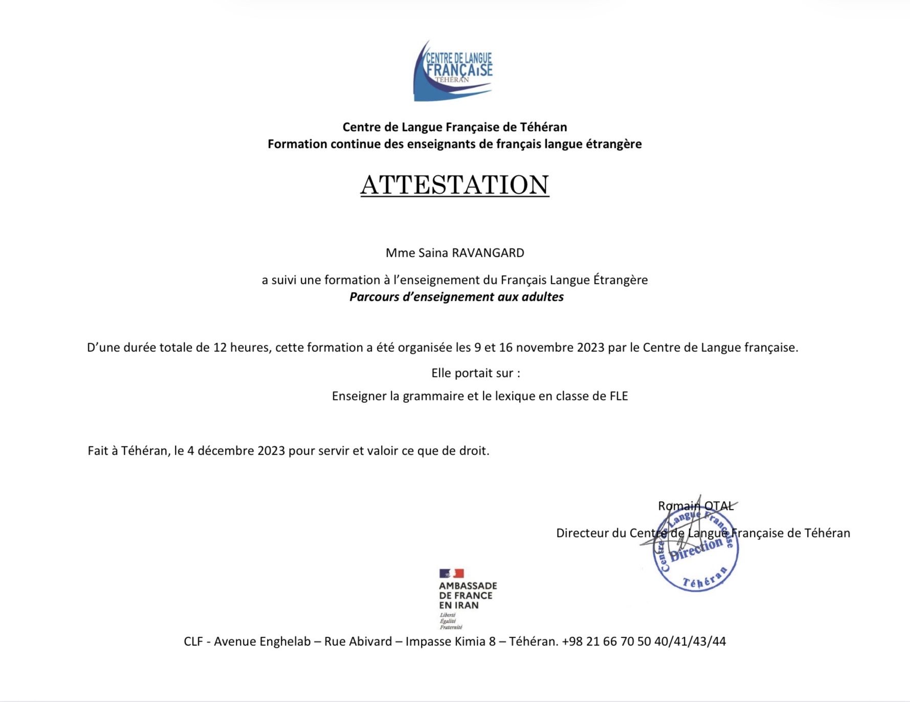 Teaching Grammar and Vocabulary in the French as a Foreign Language (FLE ) Classroom French Language certificate