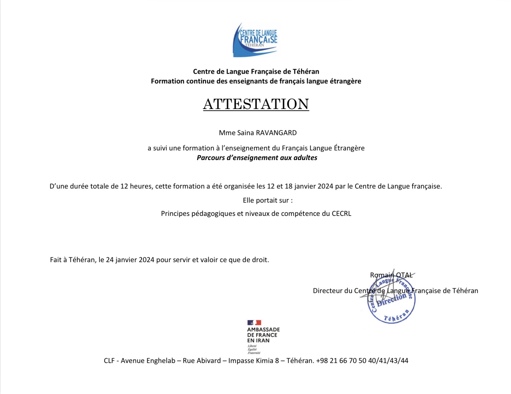 Pedagogical Principles and Competency Levels of the CEFR certificate