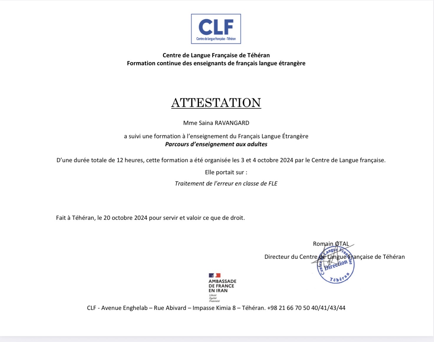 Error Handling in the French as a Foreign Language (FLE ) Classroom certificate