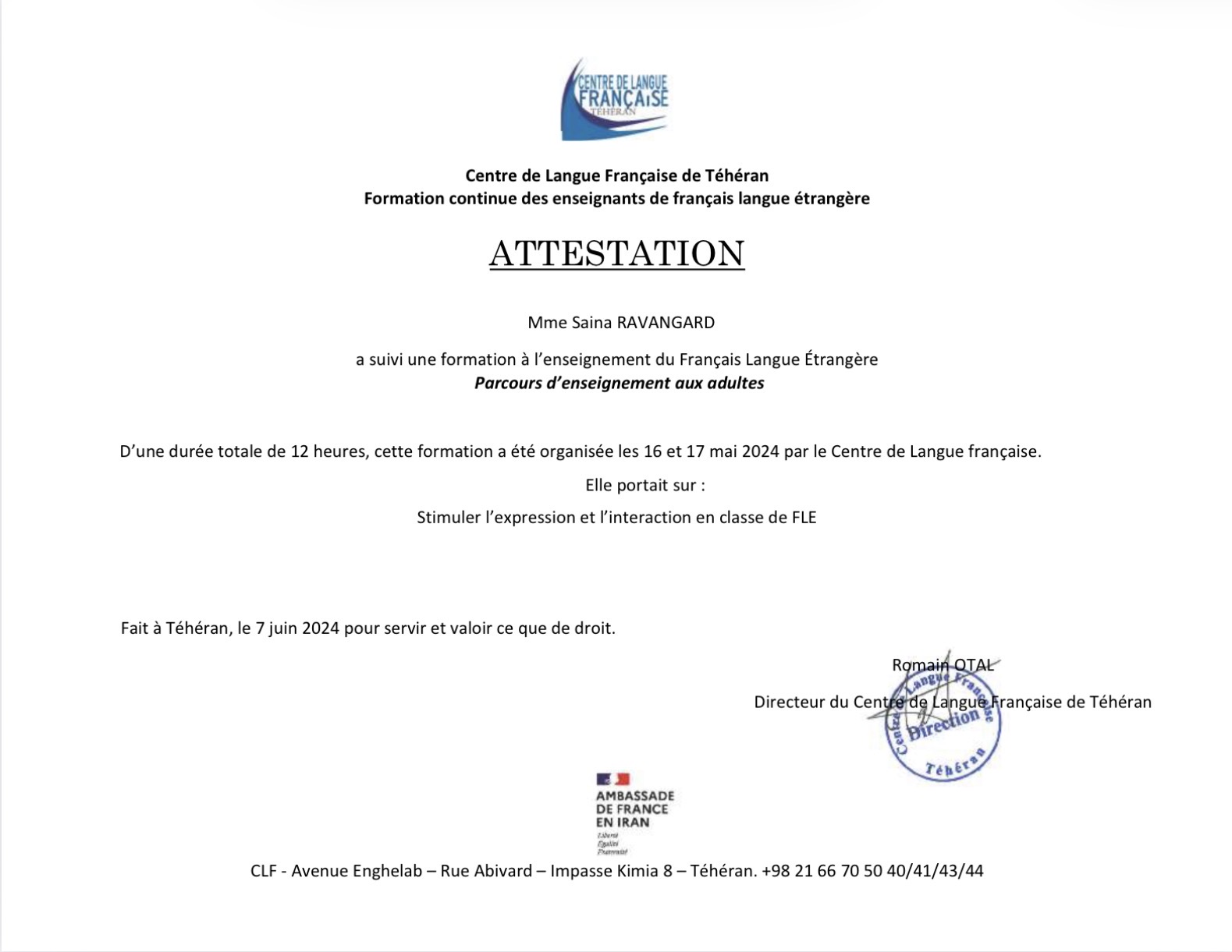 Stimulating Expression and Interaction in the French Classroom certificate