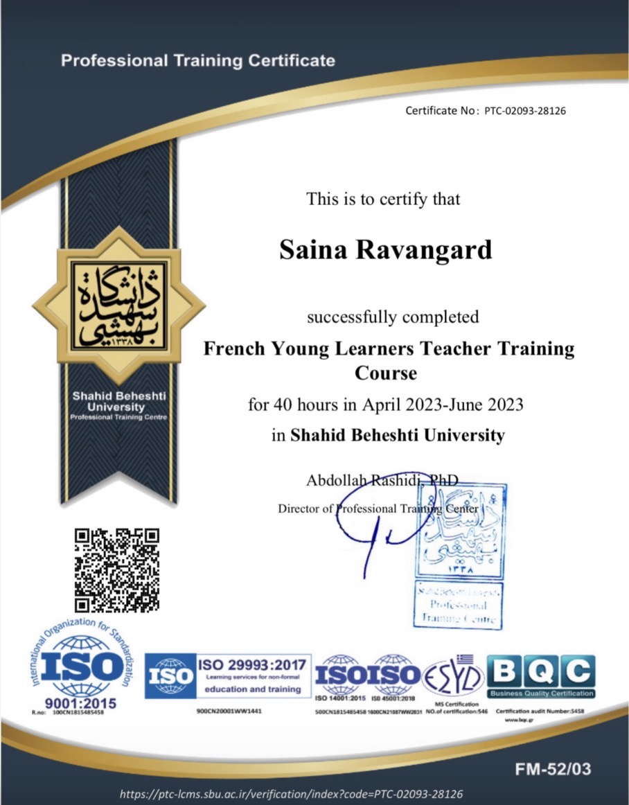 French Young Learners Teacher Training Course certificate