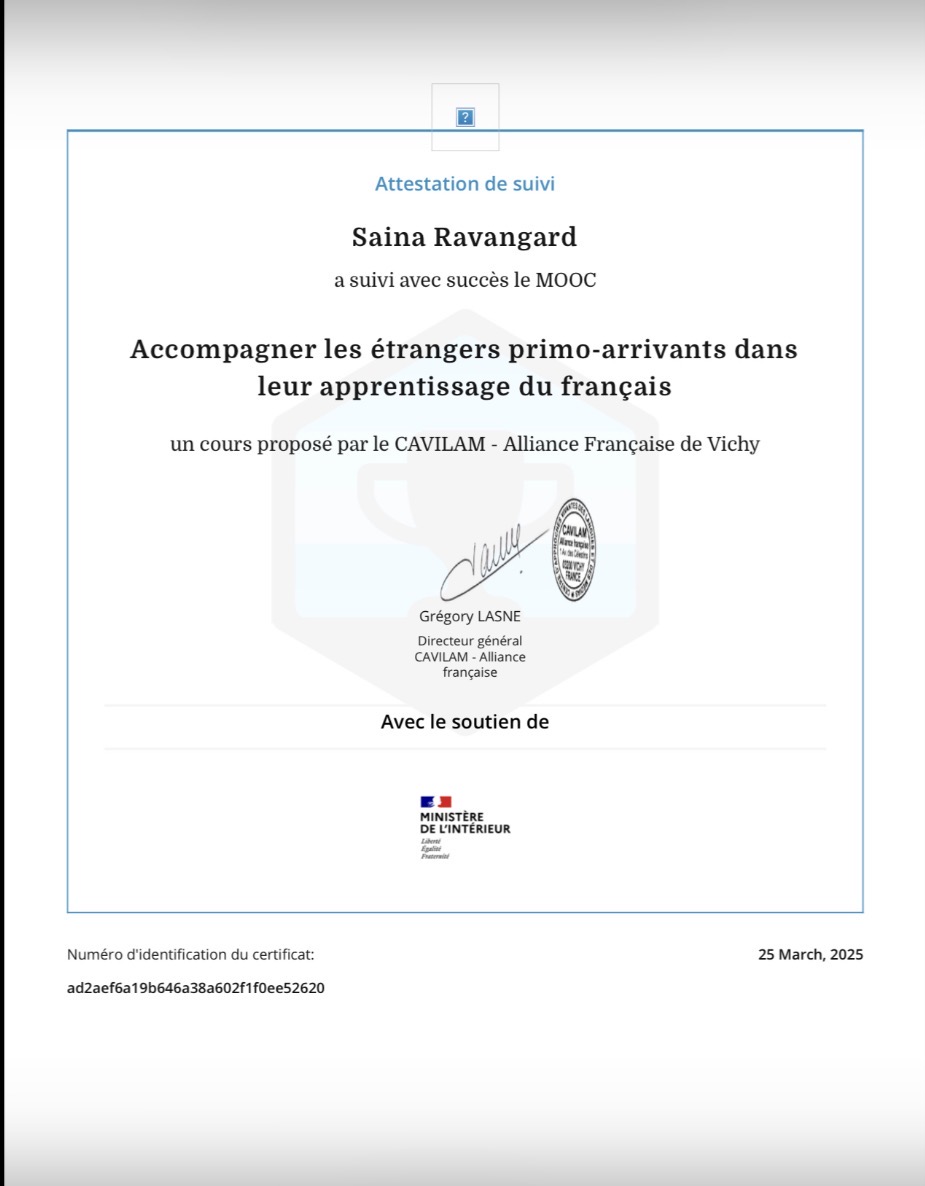 Supporting Newly Arrived Foreigners in Their French Learning Process certificate
