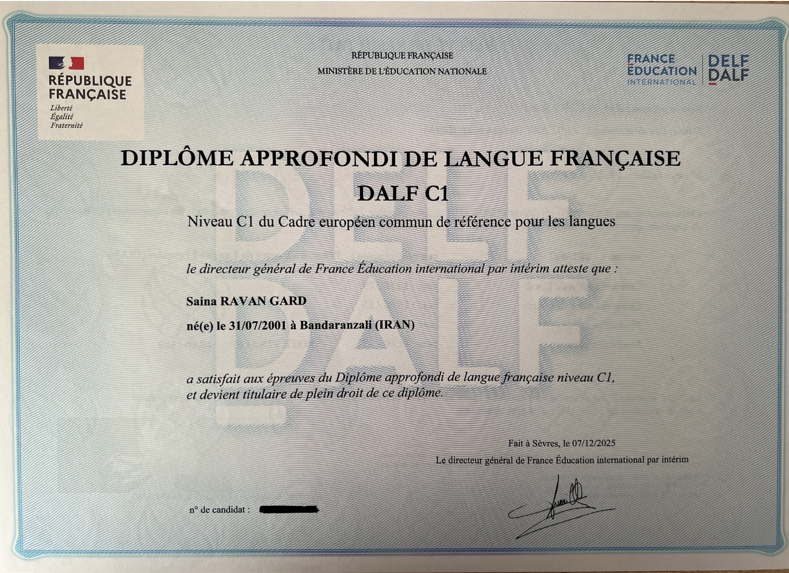 DALF C1 certificate
