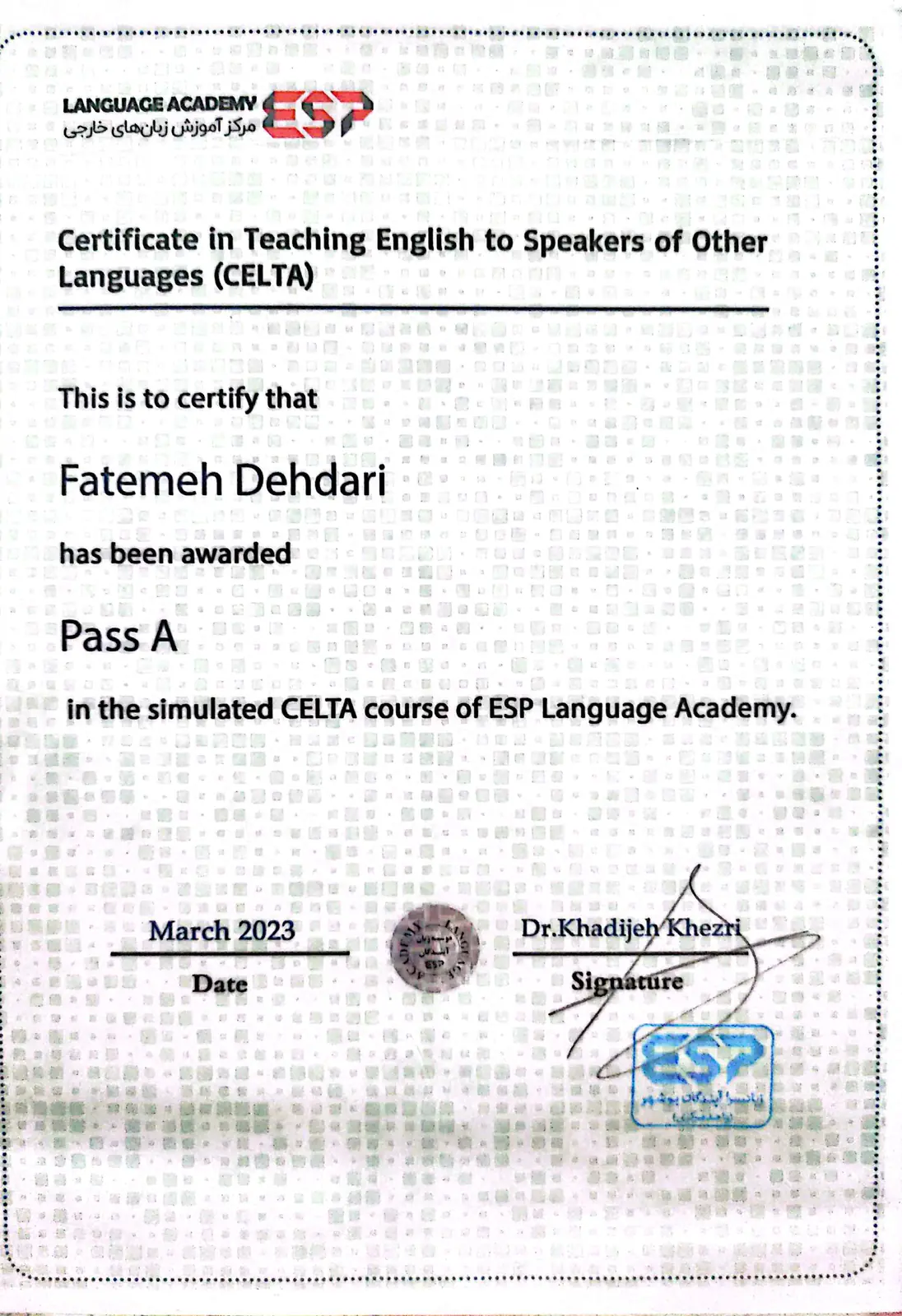 CELTA Simulation Course certificate