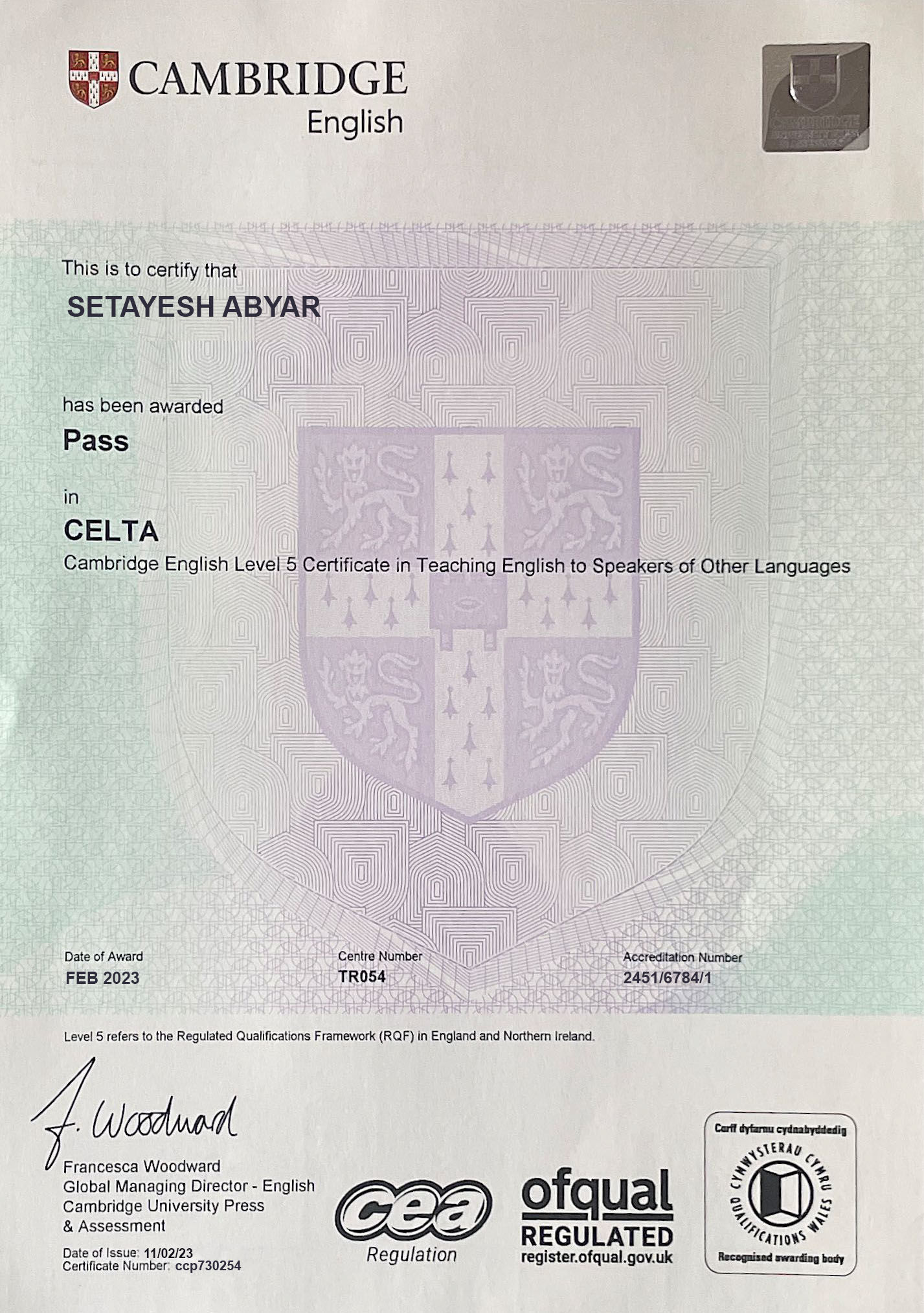 CELTA certificate