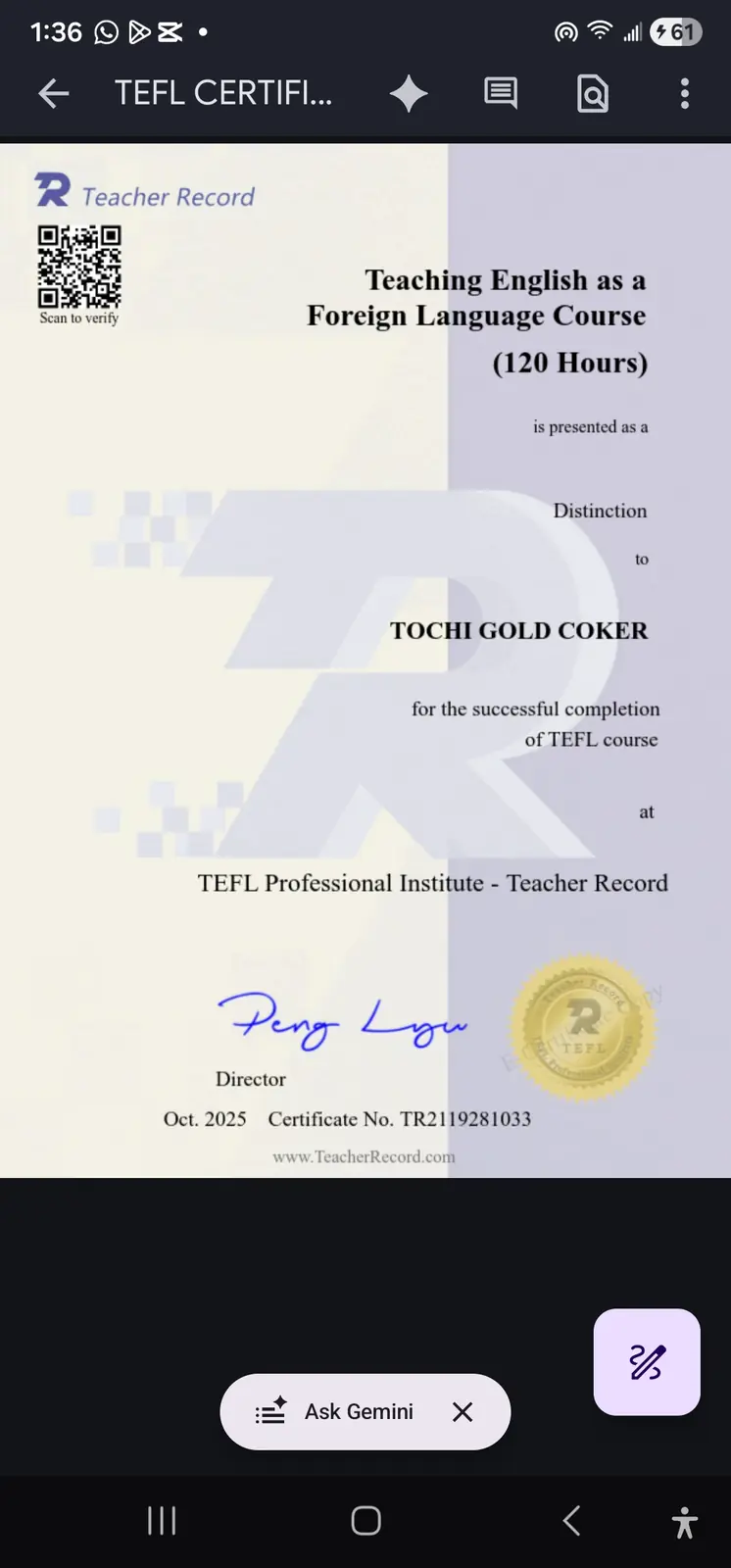 TEFL certificate