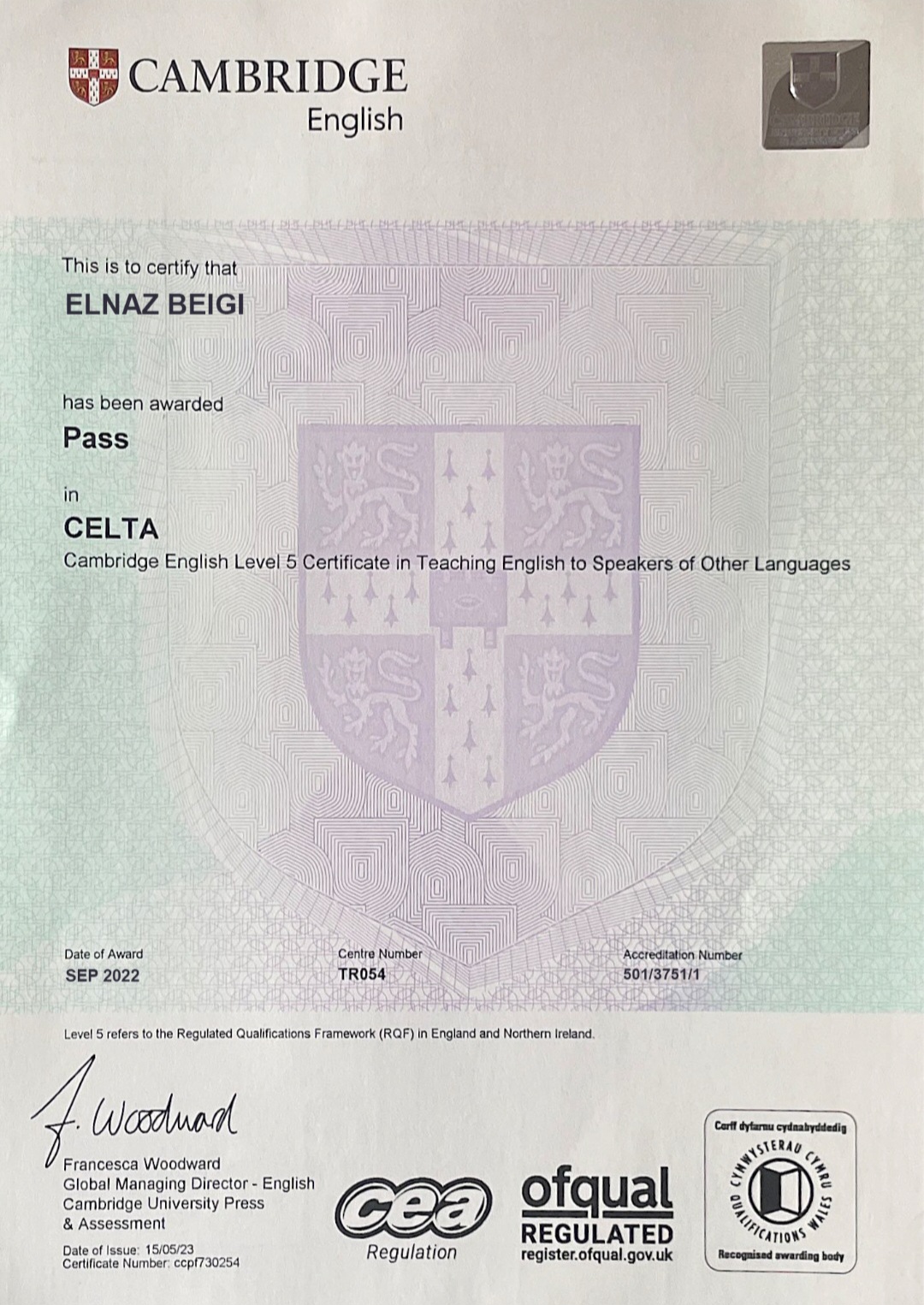CELTA certificate