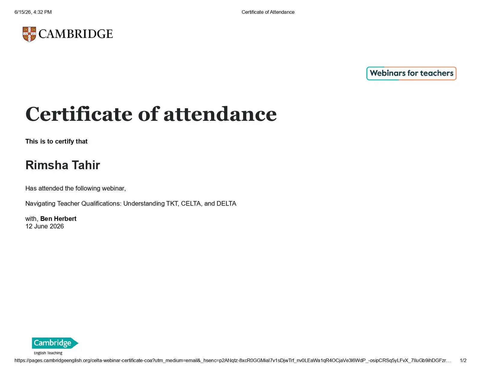 Cambridge certificate