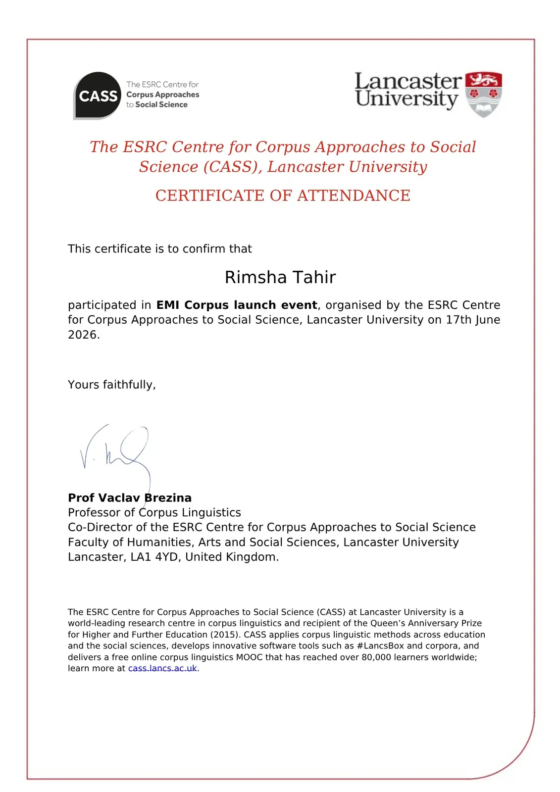 EMI Corpus certificate