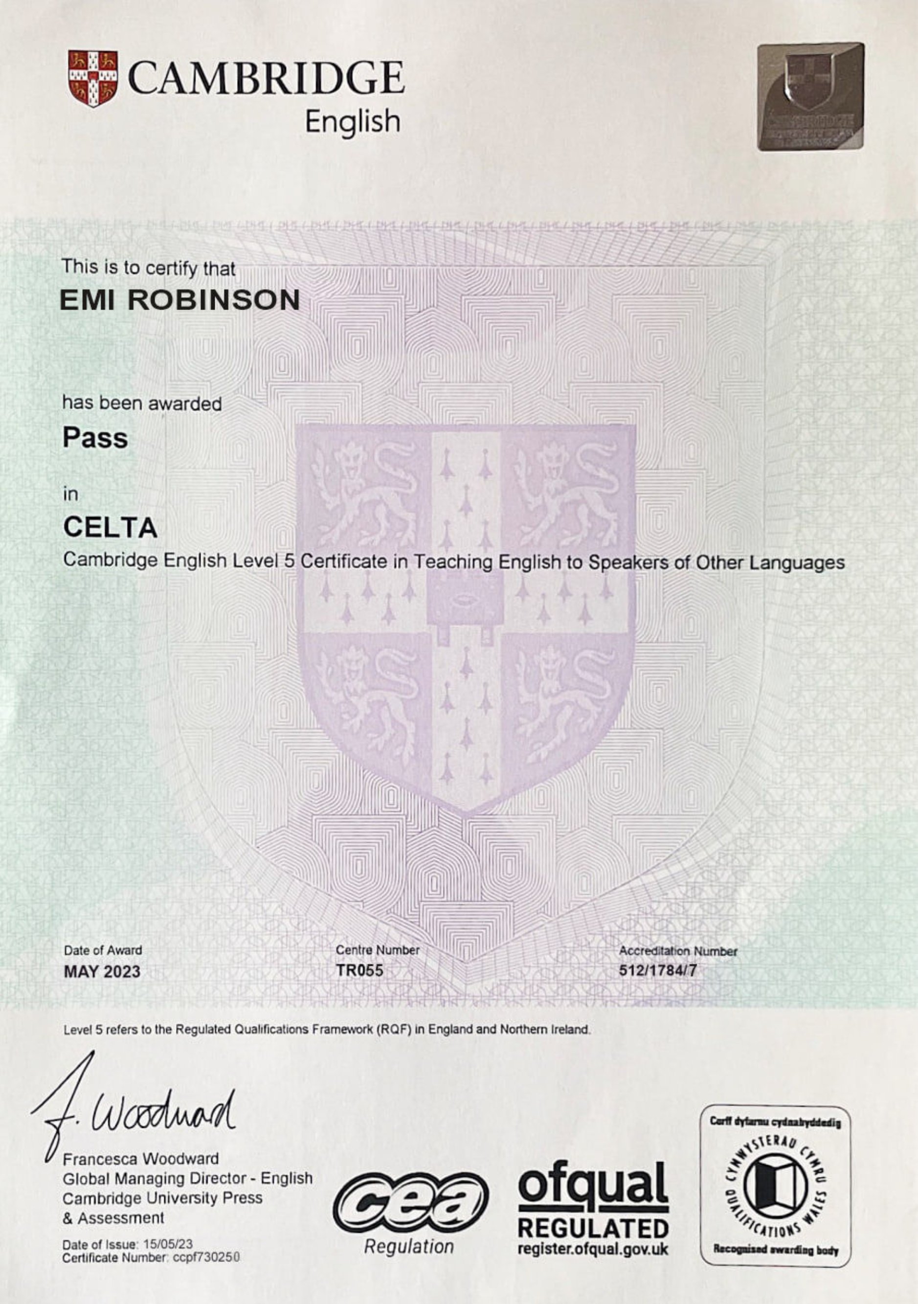 CELTA (Cambridge English teaching certificate) certificate