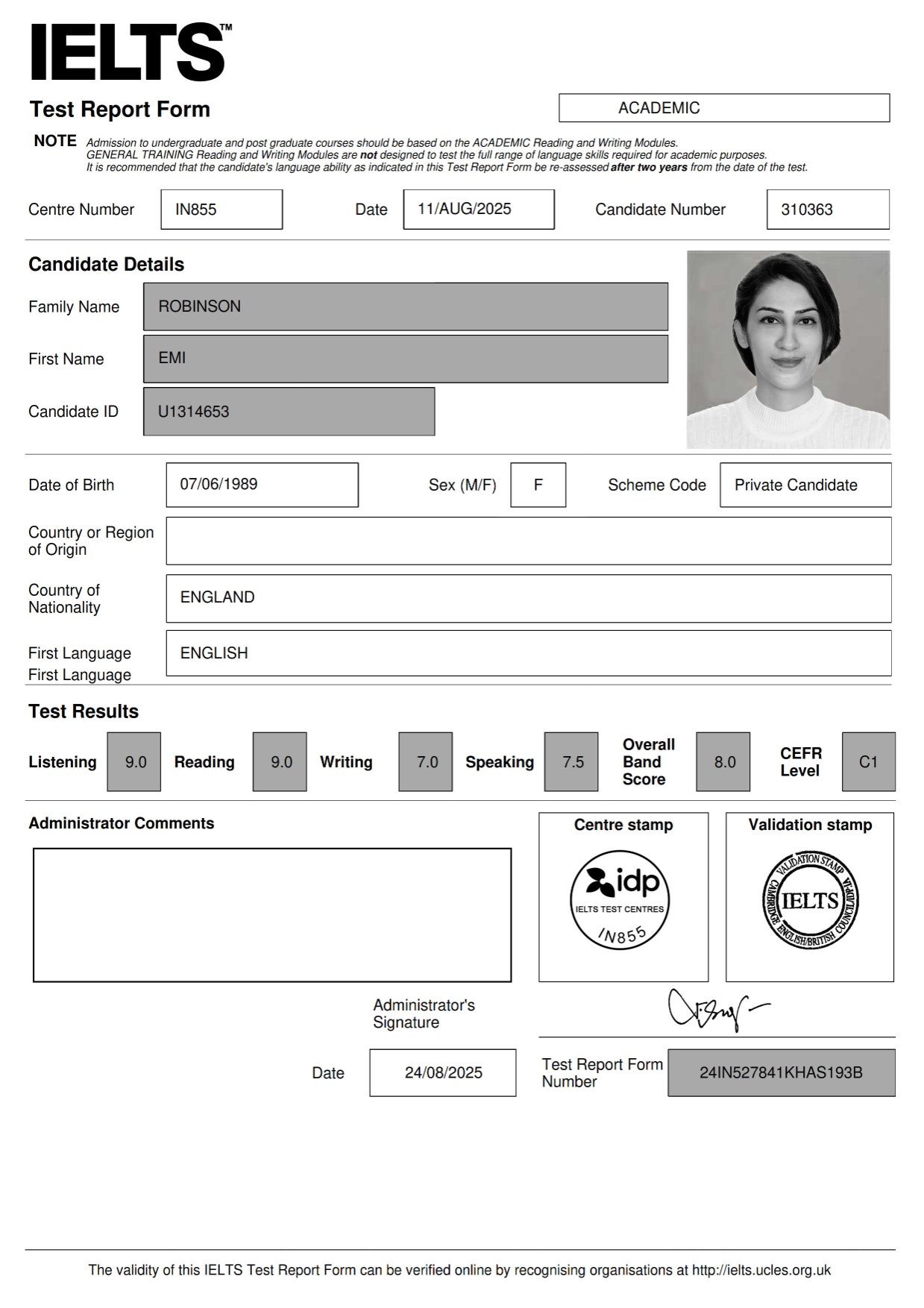 IELTS / TOEFL score certificate certificate