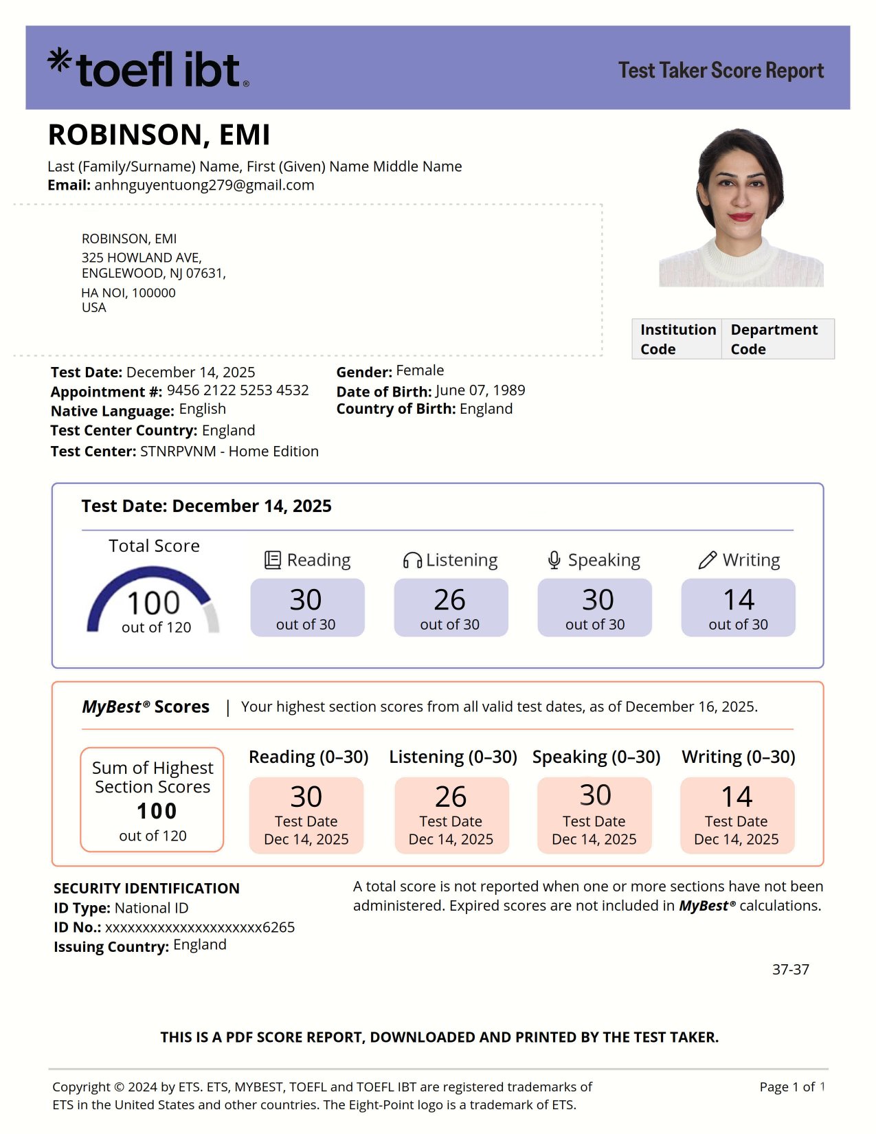 TOEFL certificate