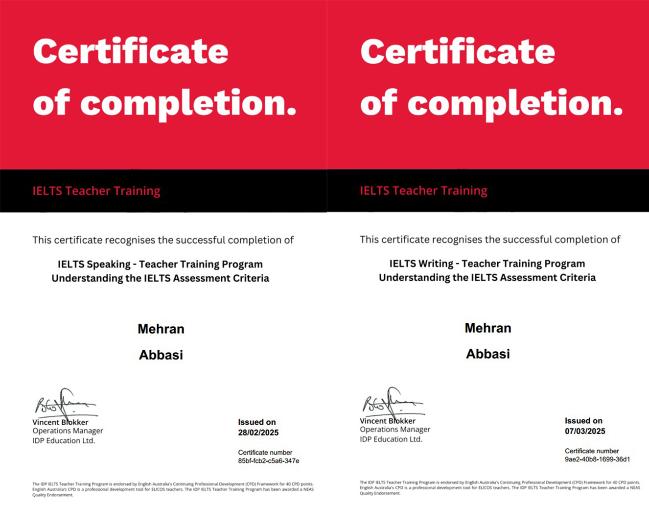 IDP IELTS Teaching Certificate certificate